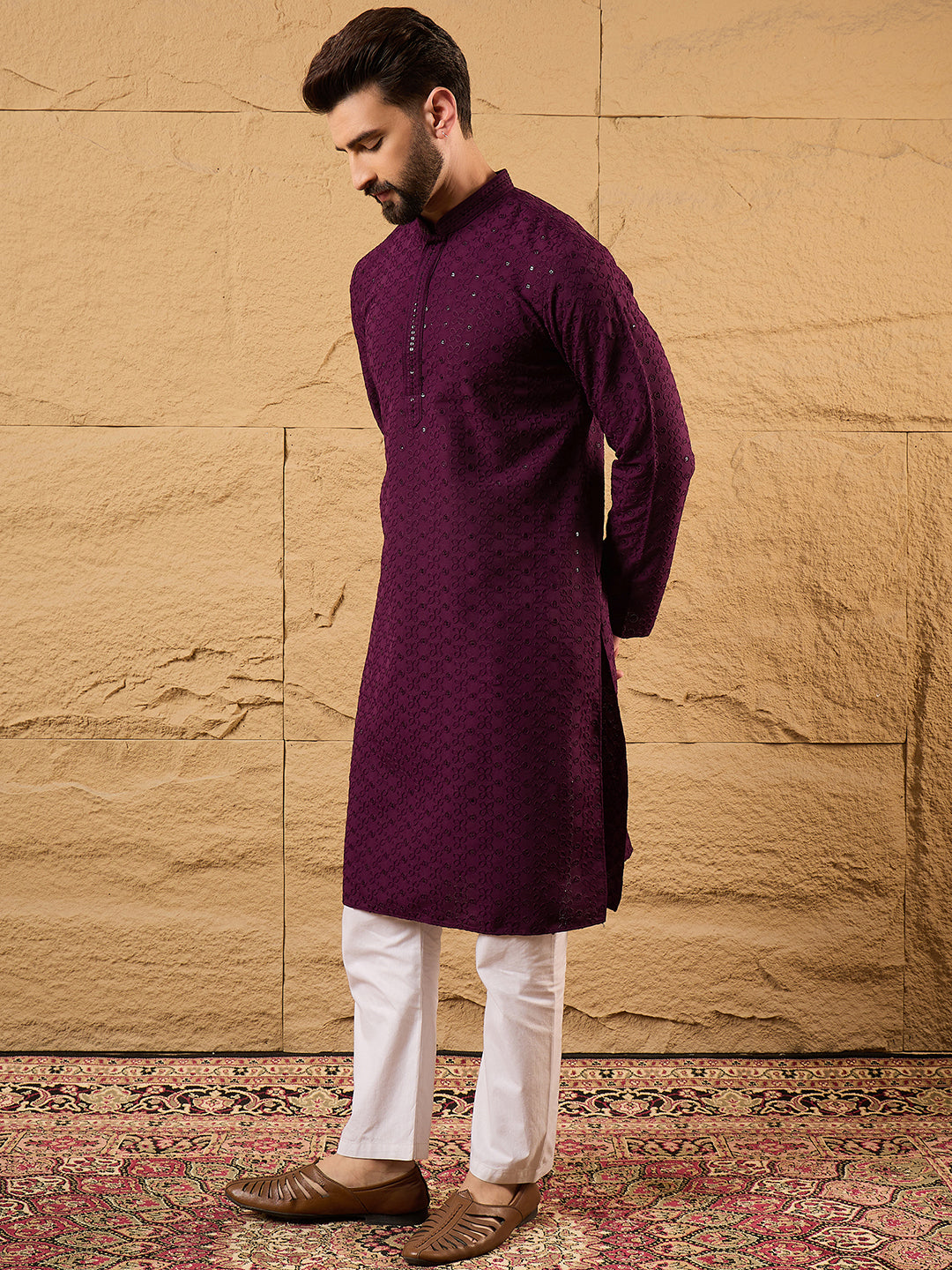 Men Purple Viscose Rayon Solid Embroidered Straight Kurta-MKU1189