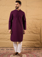 Men Purple Viscose Rayon Solid Embroidered Straight Kurta-MKU1189