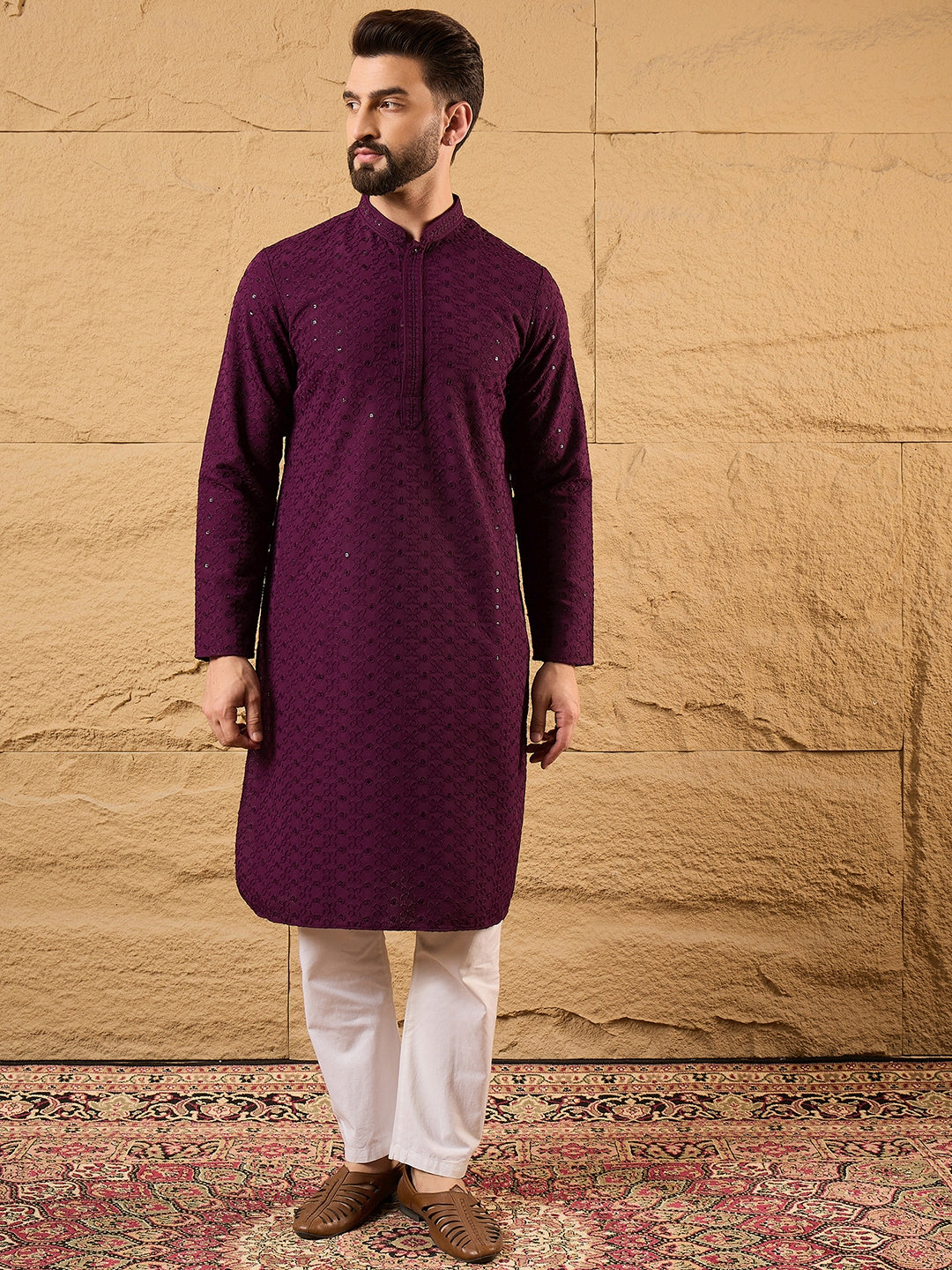 Men Purple Viscose Rayon Solid Embroidered Straight Kurta-MKU1189