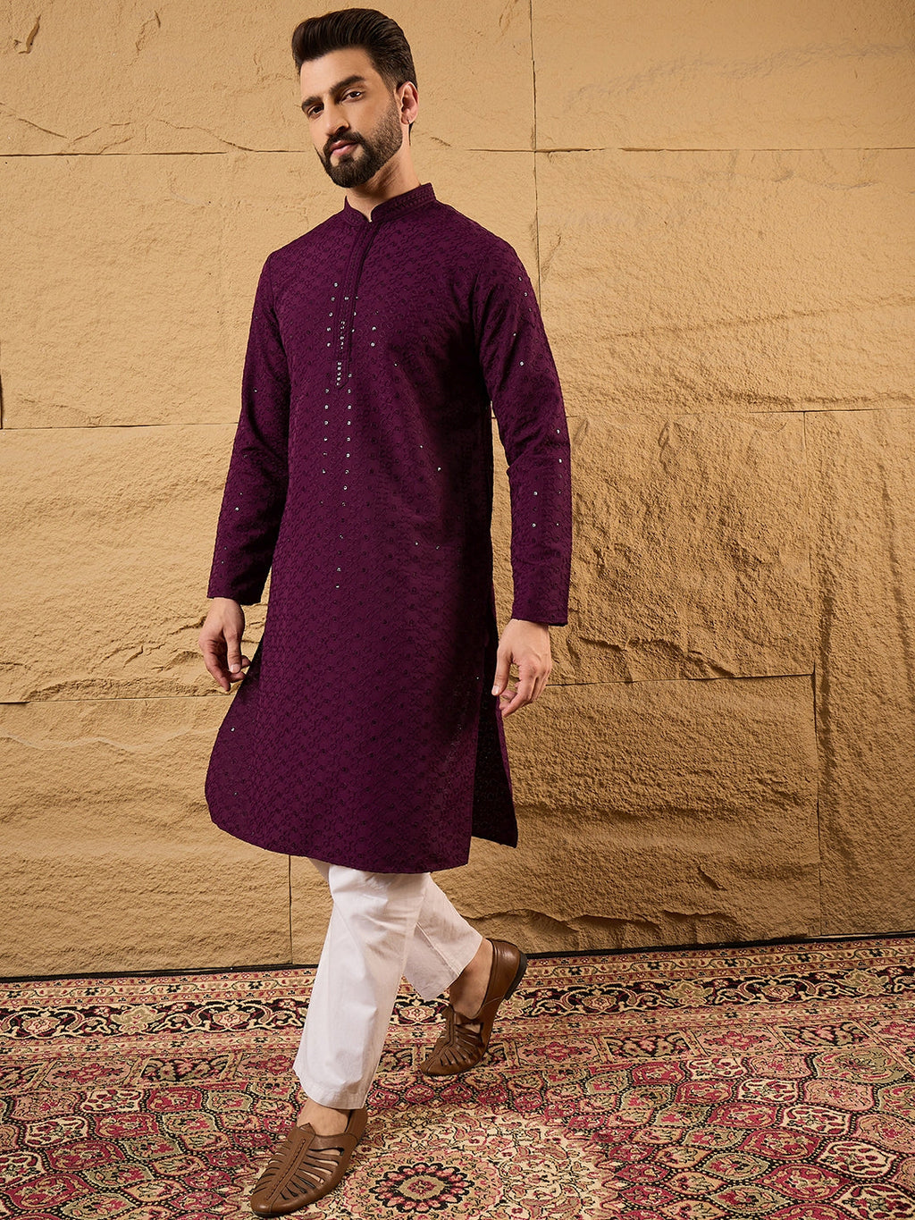 Men Purple Viscose Rayon Solid Embroidered Straight Kurta-MKU1189