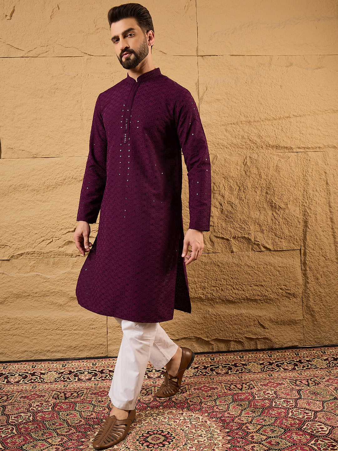 Men Purple Viscose Rayon Solid Embroidered Straight Kurta-MKU1189