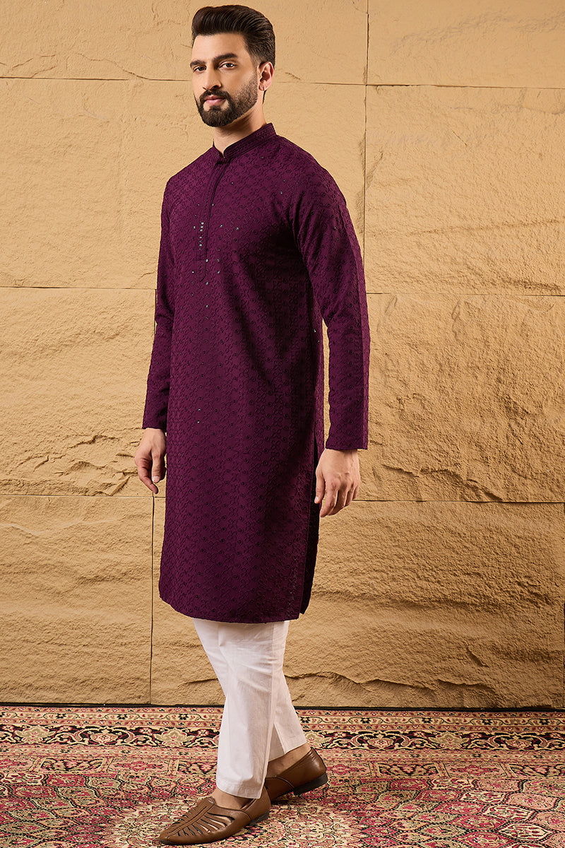 Purple Viscose Rayon Solid Embroidered Straight Kurta HOPMKU1189