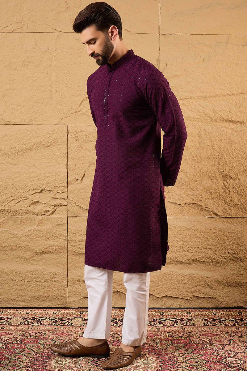 Purple Viscose Rayon Solid Embroidered Straight Kurta HOPMKU1189