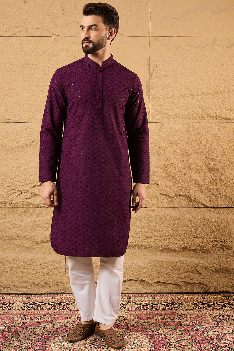 Purple Viscose Rayon Solid Embroidered Straight Kurta HOPMKU1189