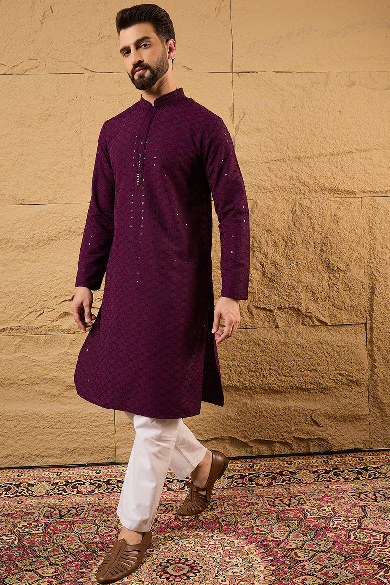 Purple Viscose Rayon Solid Embroidered Straight Kurta HOPMKU1189
