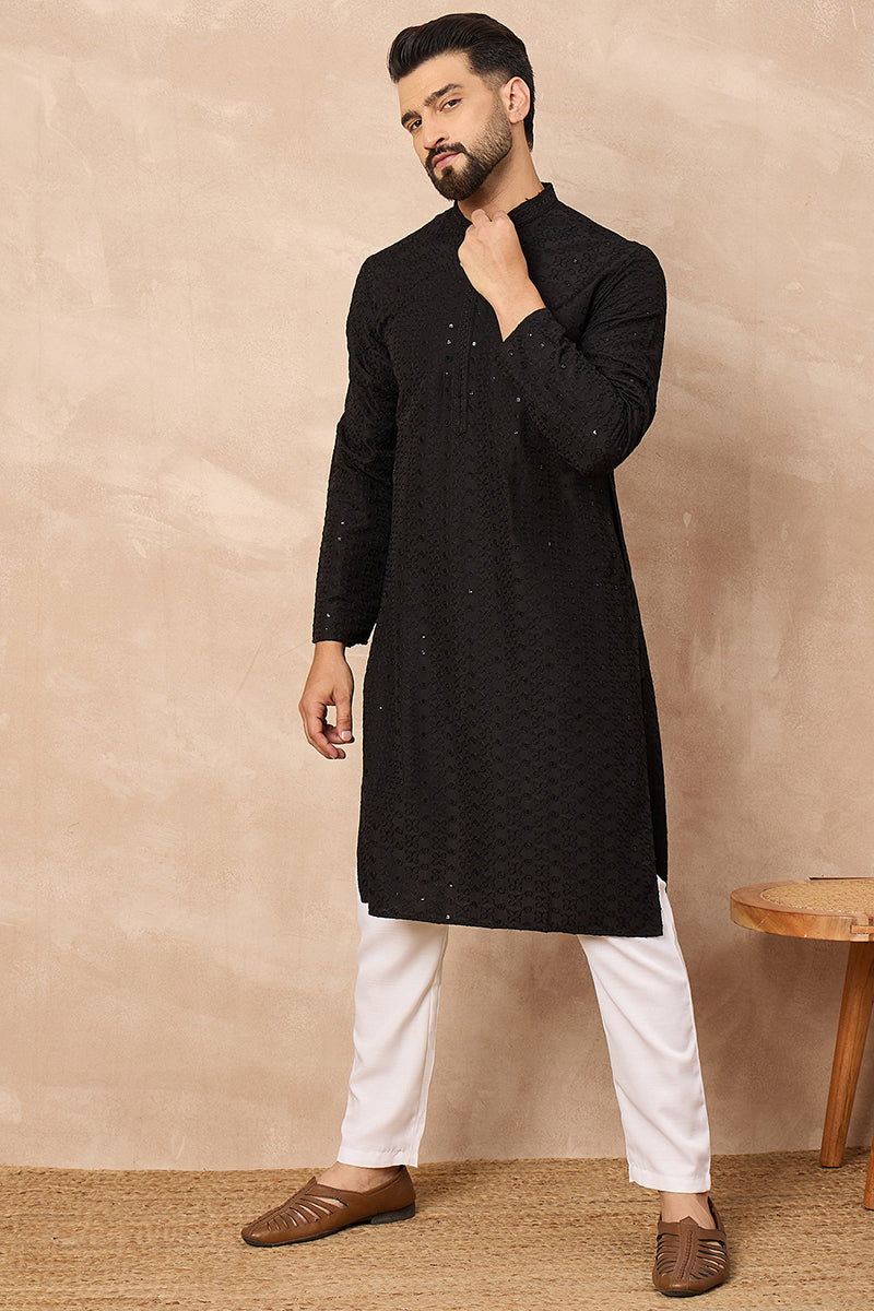 Black Viscose Rayon Solid Embroidered Chikankari Straight Kurta HOPMKU1190