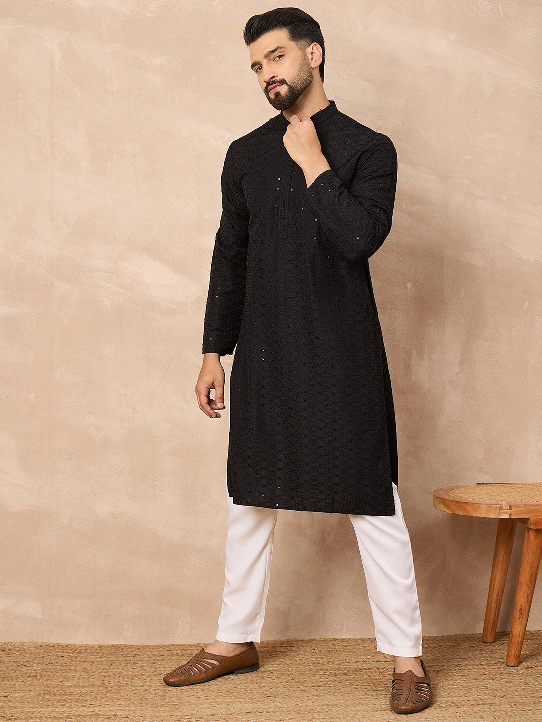Men Black Viscose Rayon Solid Embroidered Straight Kurta-MKU1190