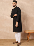 Men Black Viscose Rayon Solid Embroidered Straight Kurta-MKU1190
