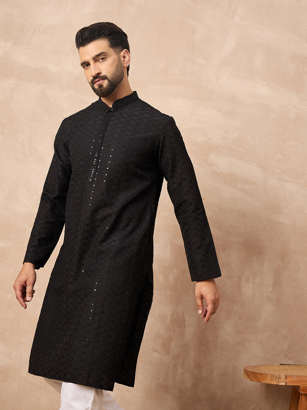 Men Black Viscose Rayon Solid Embroidered Straight Kurta-MKU1190