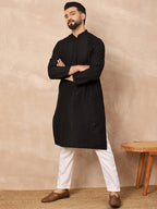 Men Black Viscose Rayon Solid Embroidered Straight Kurta-MKU1190
