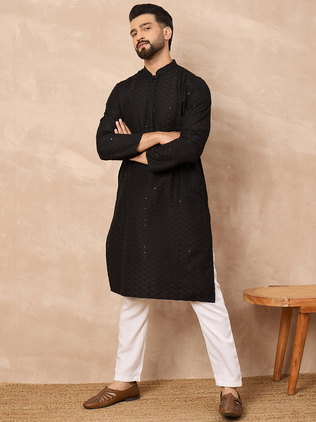 Men Black Viscose Rayon Solid Embroidered Straight Kurta-MKU1190