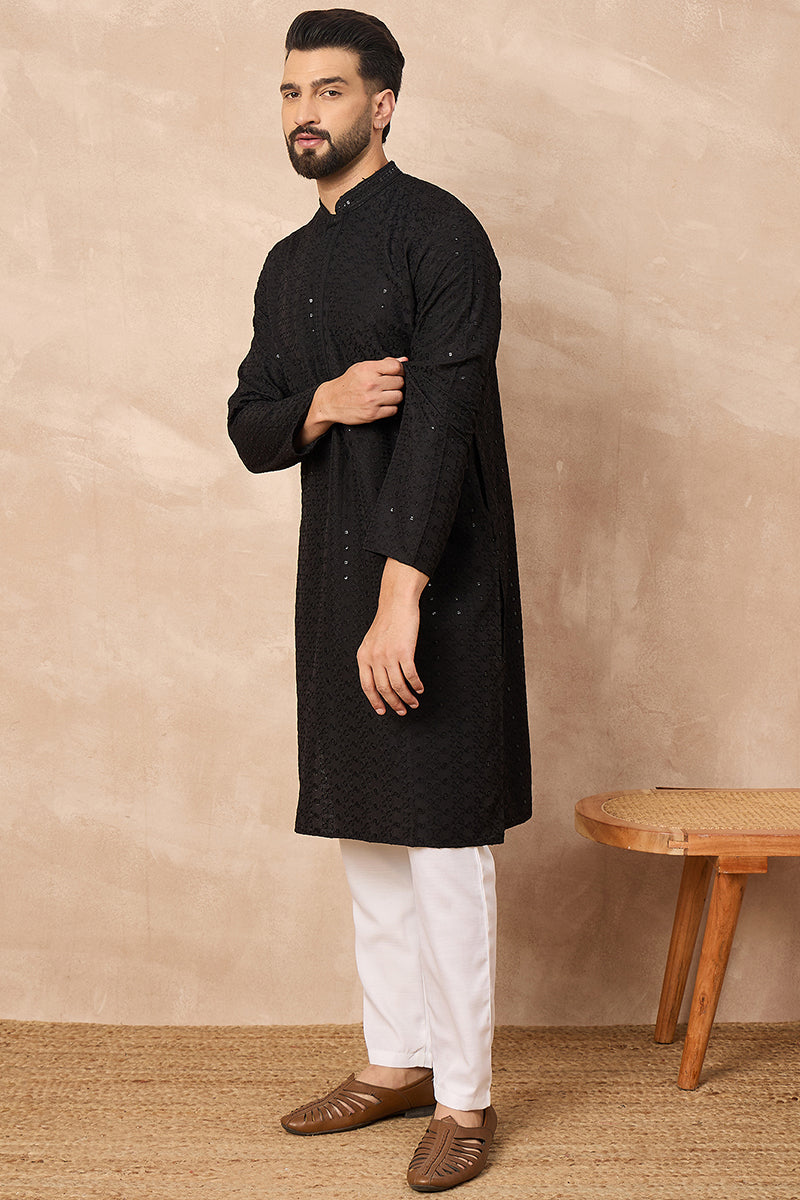 Black Viscose Rayon Solid Embroidered Chikankari Straight Kurta HOPMKU1190