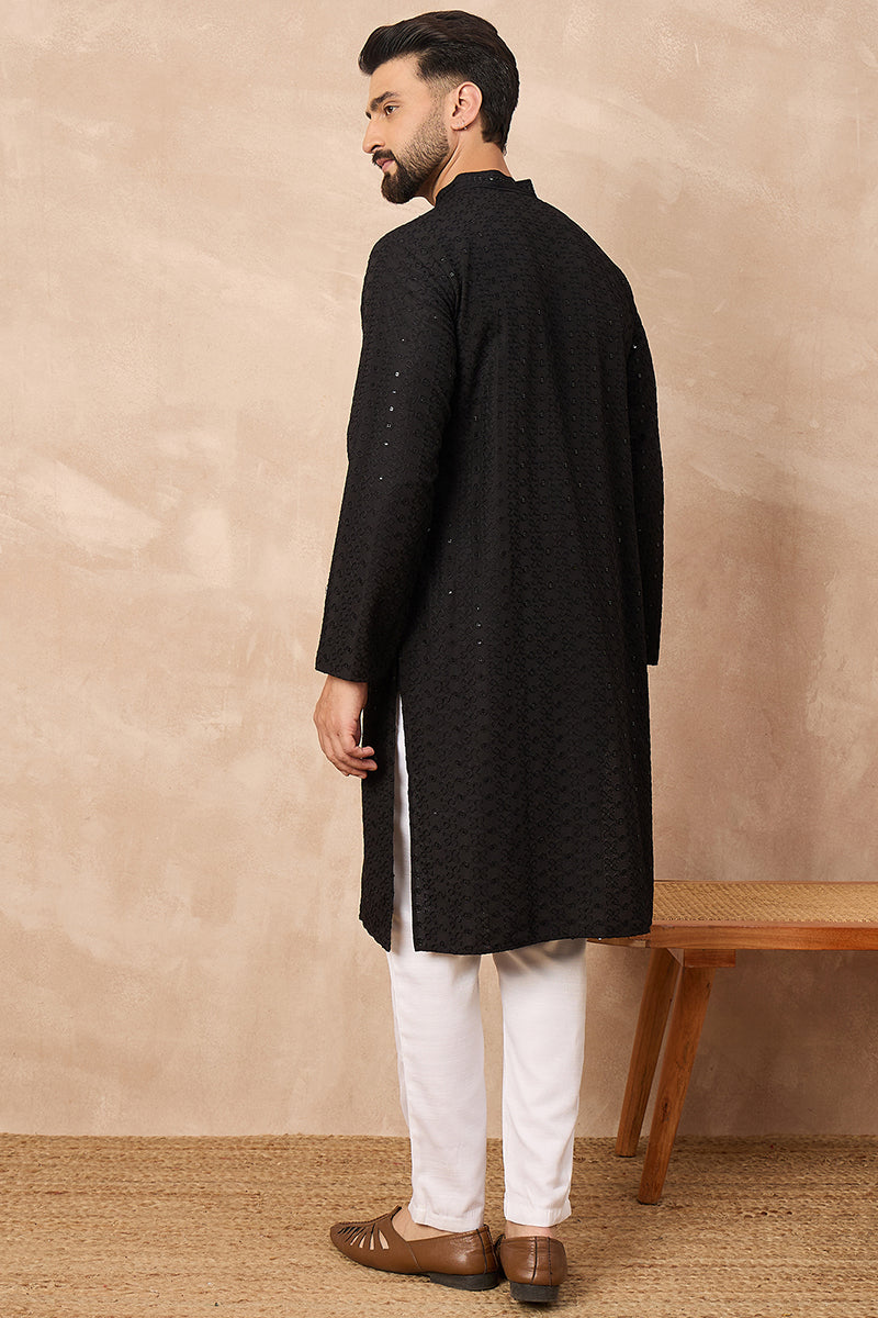 Black Viscose Rayon Solid Embroidered Chikankari Straight Kurta HOPMKU1190