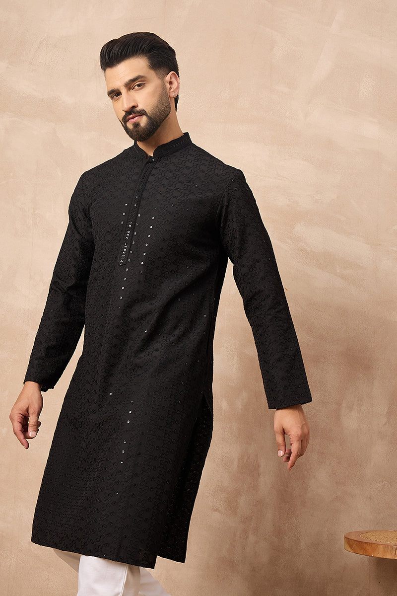 Black Viscose Rayon Solid Embroidered Chikankari Straight Kurta HOPMKU1190
