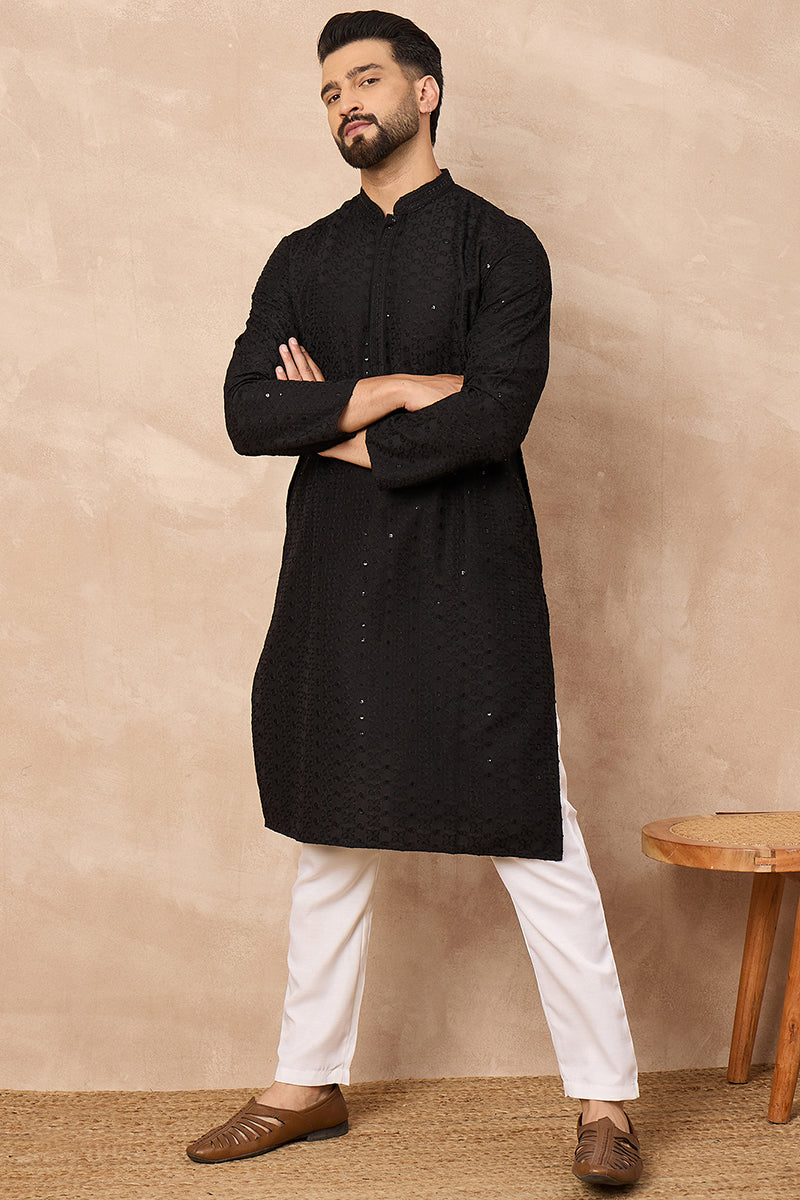 Black Viscose Rayon Solid Embroidered Chikankari Straight Kurta HOPMKU1190