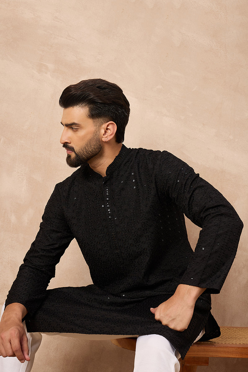 Black Viscose Rayon Solid Embroidered Chikankari Straight Kurta HOPMKU1190
