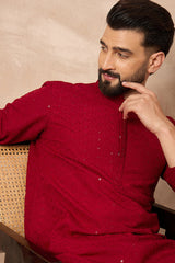 Maroon Viscose Rayon Embroidered Solid Straight Kurta With Trousers MKSET1191