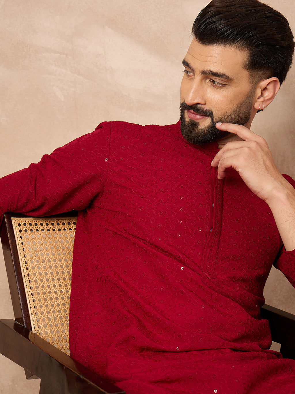 Men Maroon Viscose Rayon Solid Embroidered Straight Kurta-MKU1191