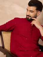 Men Maroon Viscose Rayon Solid Embroidered Straight Kurta-MKU1191