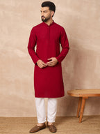Men Maroon Viscose Rayon Solid Embroidered Straight Kurta-MKU1191