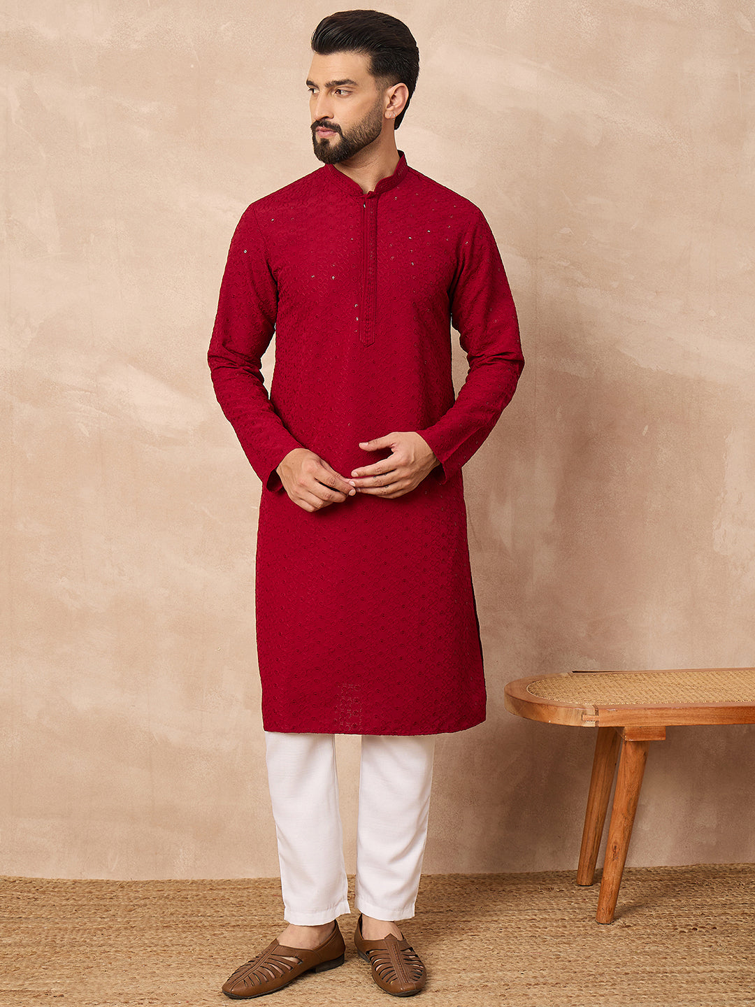 Men Maroon Viscose Rayon Solid Embroidered Straight Kurta-MKU1191