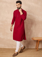 Men Maroon Viscose Rayon Solid Embroidered Straight Kurta-MKU1191