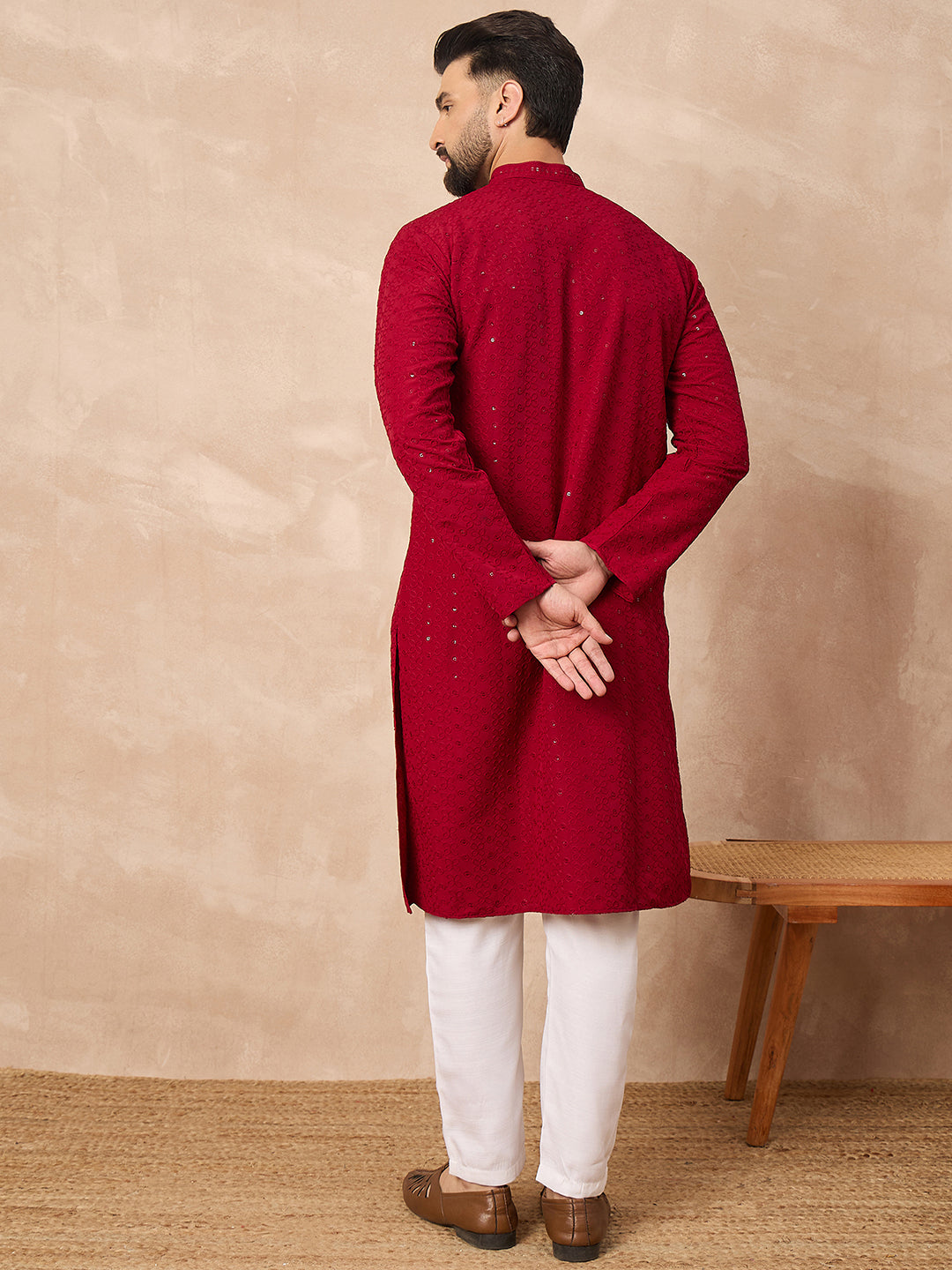 Men Maroon Viscose Rayon Solid Embroidered Straight Kurta-MKU1191
