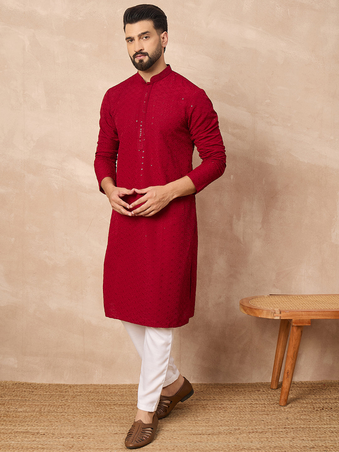 Men Maroon Viscose Rayon Solid Embroidered Straight Kurta-MKU1191