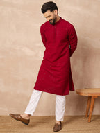 Men Maroon Viscose Rayon Solid Embroidered Straight Kurta-MKU1191