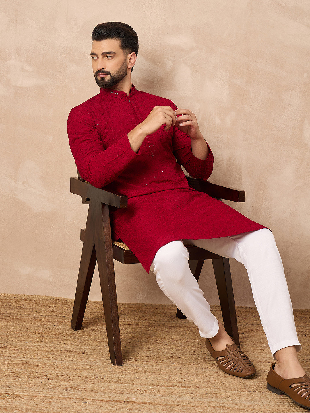 Men Maroon Viscose Rayon Solid Embroidered Straight Kurta-MKU1191
