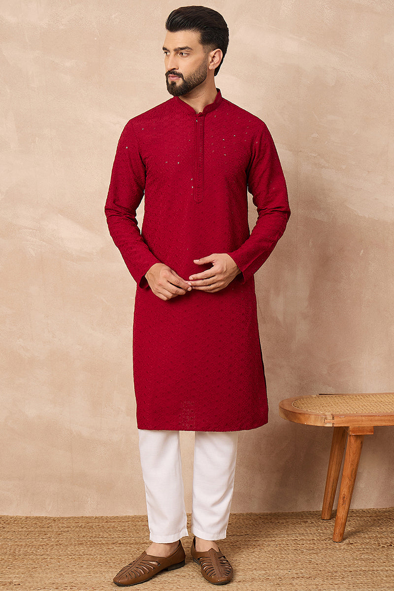 Maroon Viscose Rayon Embroidered Solid Straight Kurta With Trousers MKSET1191