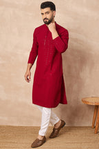 Maroon Viscose Rayon Embroidered Solid Straight Kurta With Trousers MKSET1191
