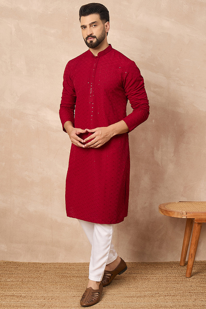 Maroon Viscose Rayon Embroidered Solid Straight Kurta With Trousers MKSET1191