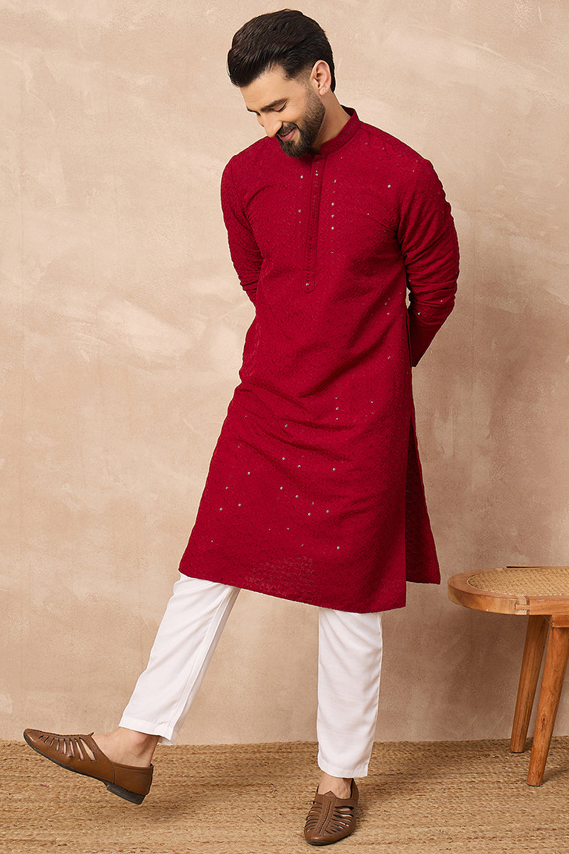 Maroon Viscose Rayon Embroidered Solid Straight Kurta With Trousers MKSET1191