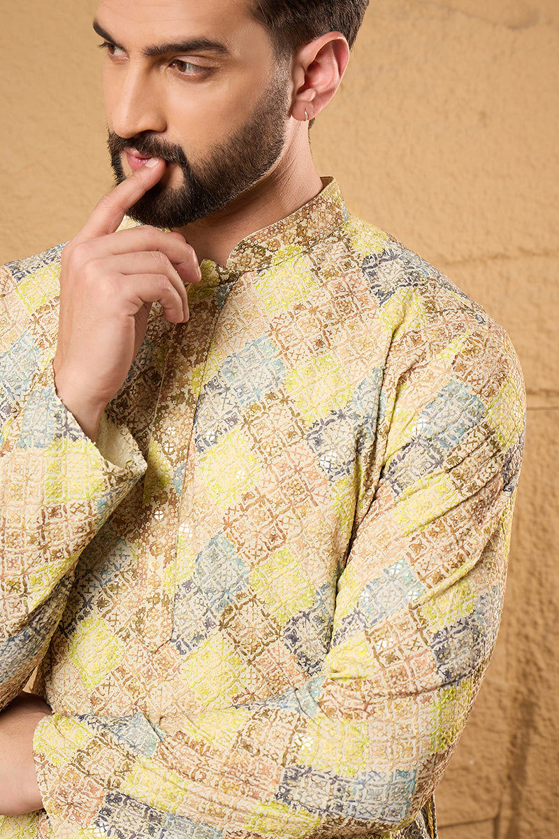 Yellow Viscose Rayon Bandhani Embroidered Straight Kurta HOPMKU1192
