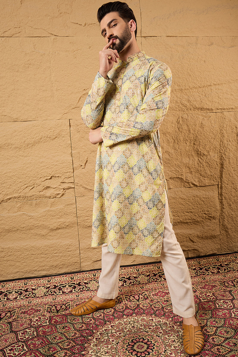 Yellow Viscose Rayon Bandhani Embroidered Straight Kurta HOPMKU1192