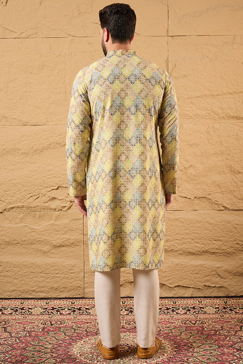 Yellow Viscose Rayon Bandhani Embroidered Straight Kurta HOPMKU1192