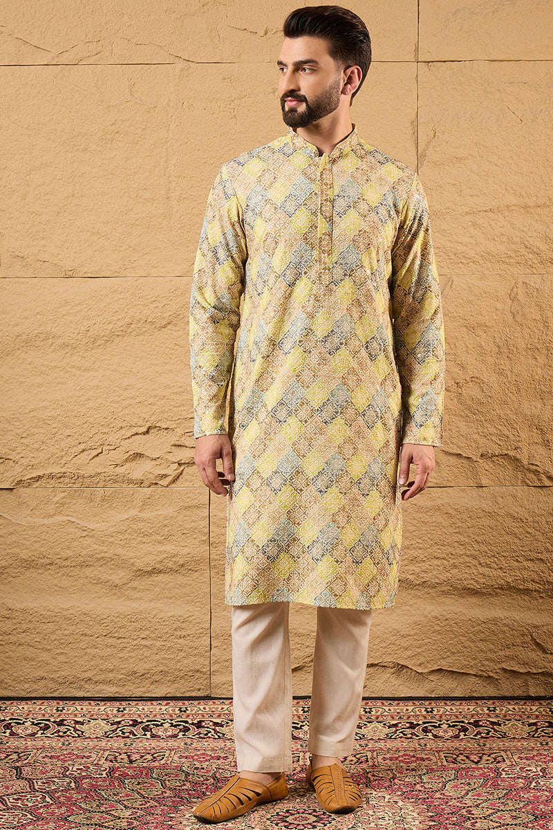 Yellow Viscose Rayon Bandhani Embroidered Straight Kurta HOPMKU1192