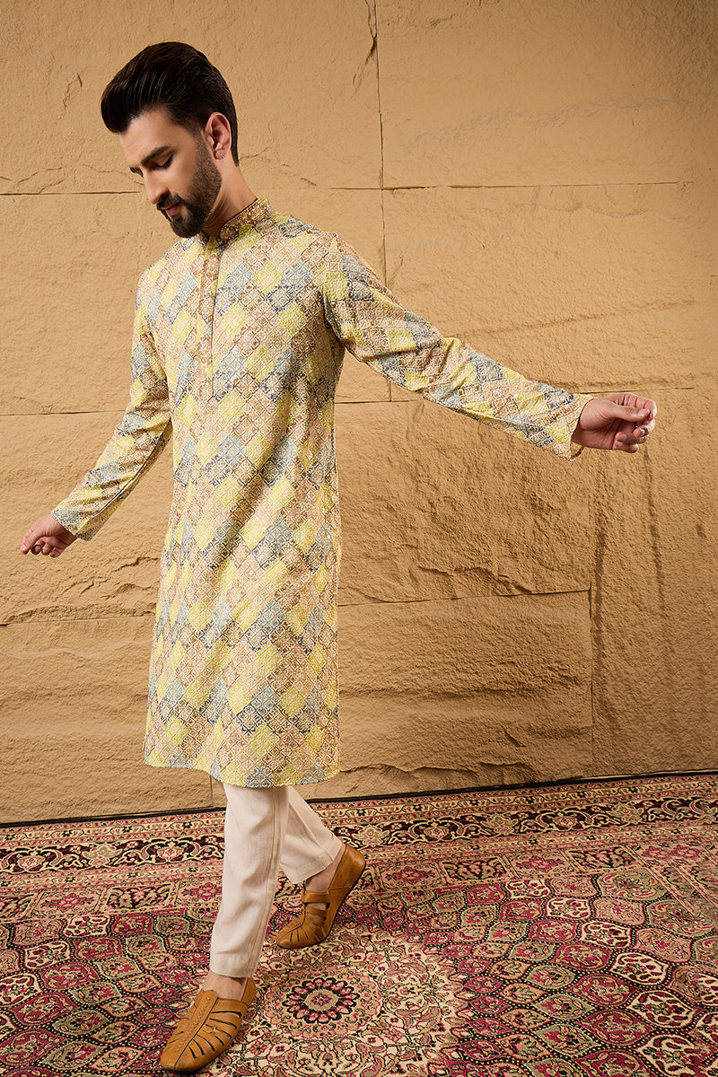 Yellow Viscose Rayon Bandhani Embroidered Straight Kurta HOPMKU1192
