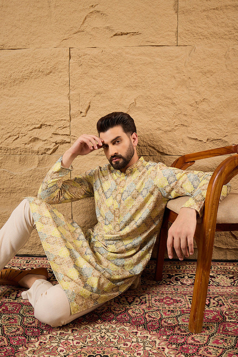 Yellow Viscose Rayon Bandhani Embroidered Straight Kurta HOPMKU1192