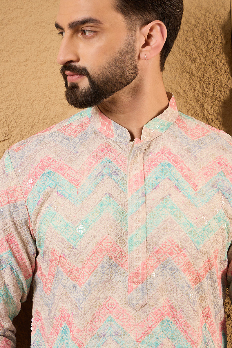 Multicolour Viscose Rayon Geometric Embroidered Straight Kurta HOPMKU1193