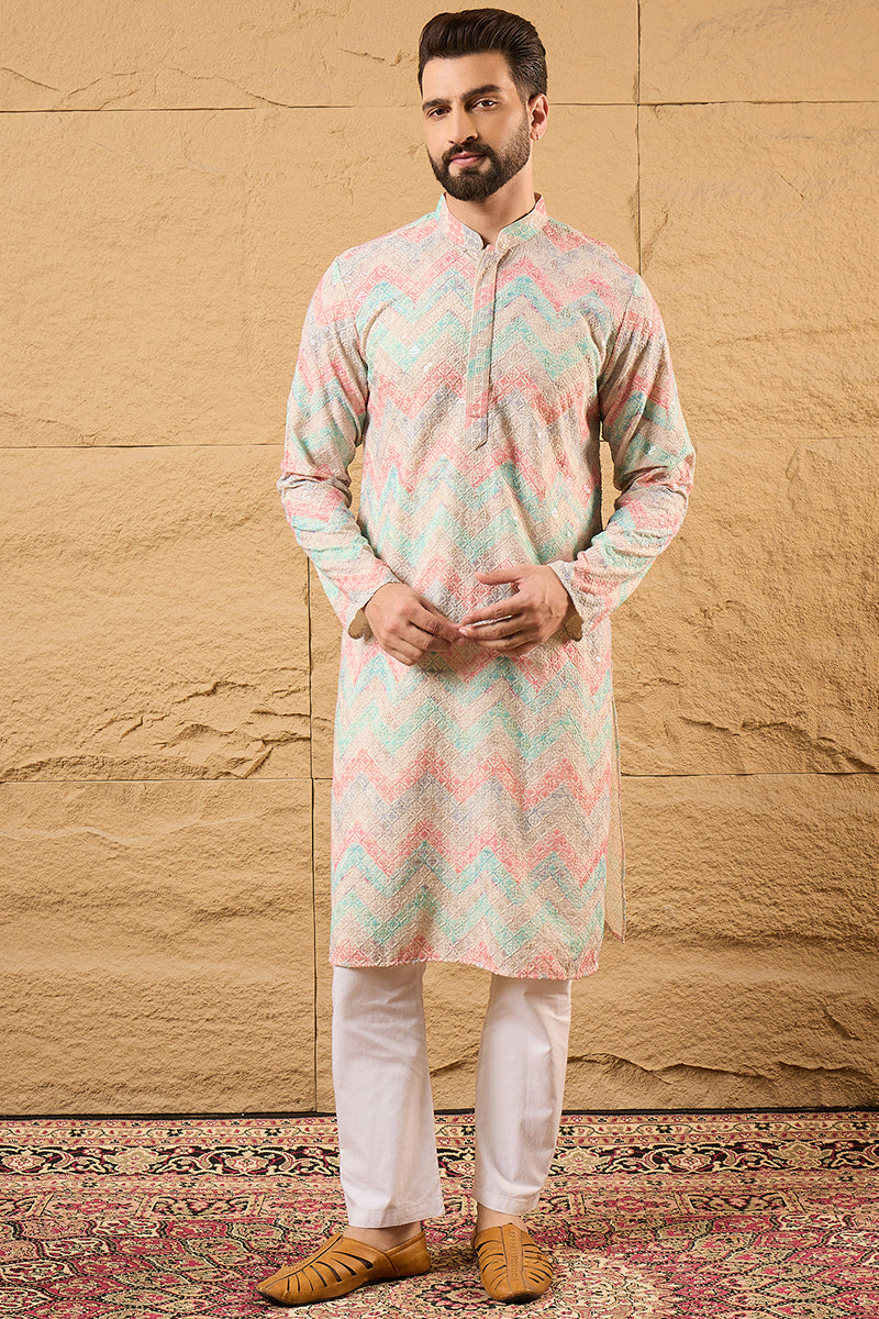 Multicolour Viscose Rayon Geometric Embroidered Straight Kurta HOPMKU1193
