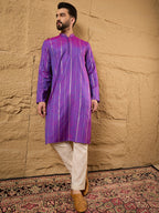Men Purple Cotton Solid Embroidered Straight Kurta-MKU1194