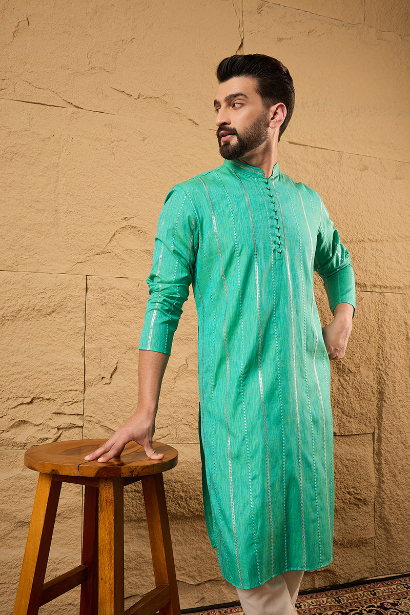 Turquoise Blue Cotton Embroidered Indian Wear for Men | DesiQlo India