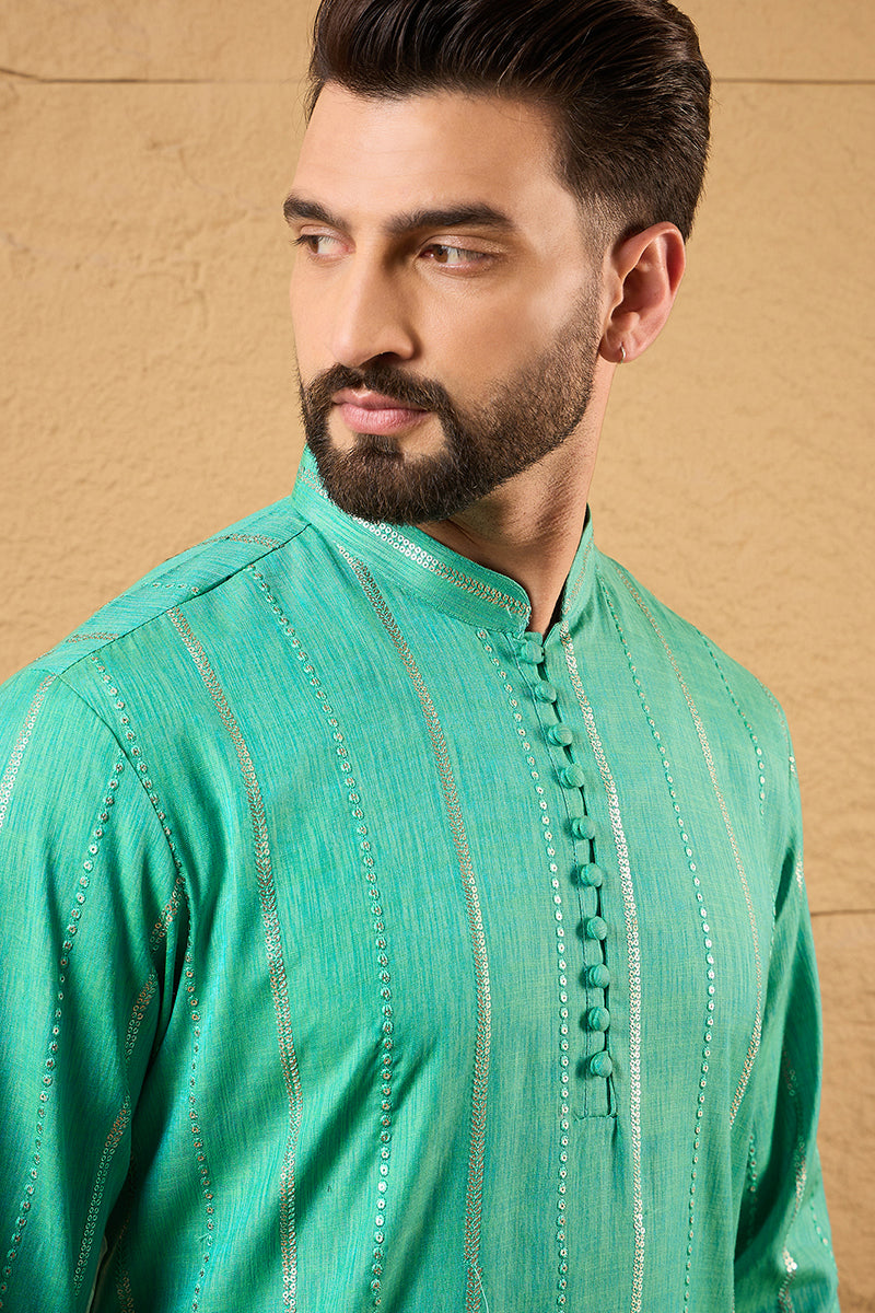 Turquoise Blue Pure Cotton Embroidered Straight Kurta HOPMKU1195