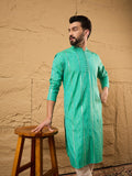 Men Turquoise Blue Cotton Solid Embroidered Straight Kurta-MKU1195