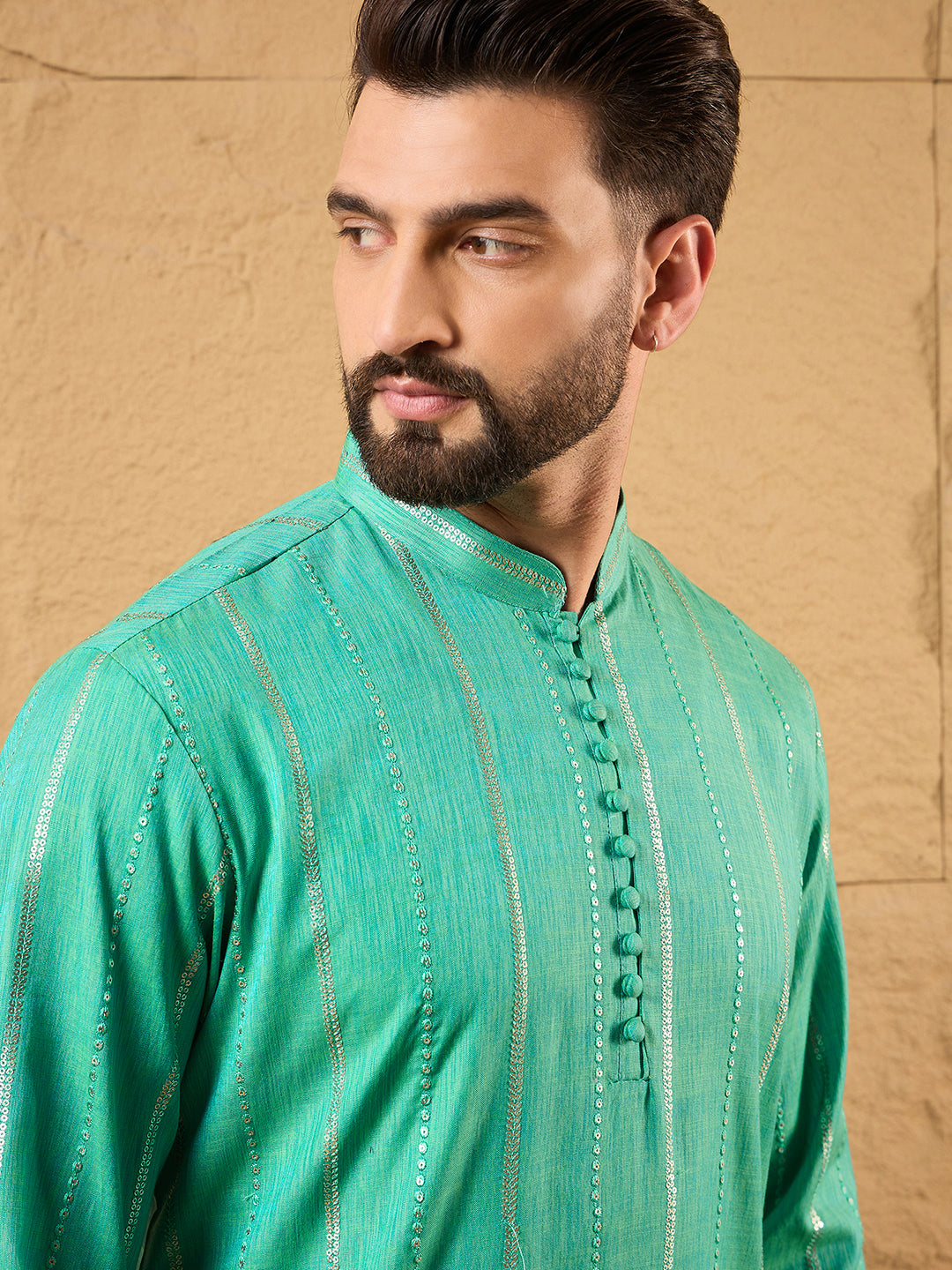 Men Turquoise Blue Cotton Solid Embroidered Straight Kurta-MKU1195