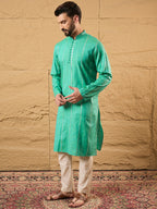 Men Turquoise Blue Cotton Solid Embroidered Straight Kurta-MKU1195