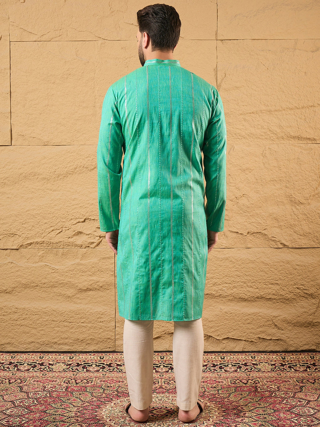 Men Turquoise Blue Cotton Solid Embroidered Straight Kurta-MKU1195