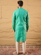 Men Turquoise Blue Cotton Solid Embroidered Straight Kurta-MKU1195